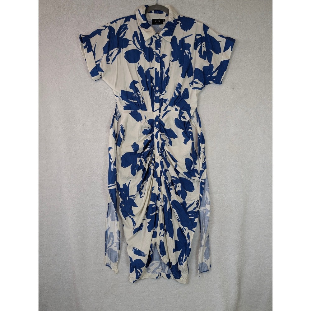 VICI Cream Royal Blue Floral Short Sleeve Tulip Midi Shirt Dress LD49427B-069 M